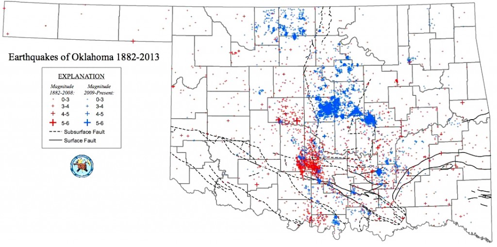 Beben-Statististik für Oklahoma: Historische Beben (rot) werden längst von menschgemachten Überschütterungen in ihrer Häufigkeit überholt.
