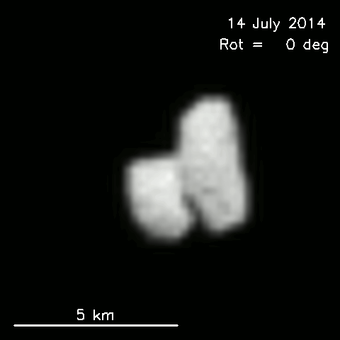 Bisher neuste veröffentlichte Ansicht des Kometenkerns, den Rosetta derzeit anfliegt - er bietet neben seiner Form sicher noch mehr Überraschungen (Bild: ESA/Rosetta/MPS for OSIRIS Team MPS/UPD/LAM/IAA/SSO/INTA/UPM/DASP/IDA)