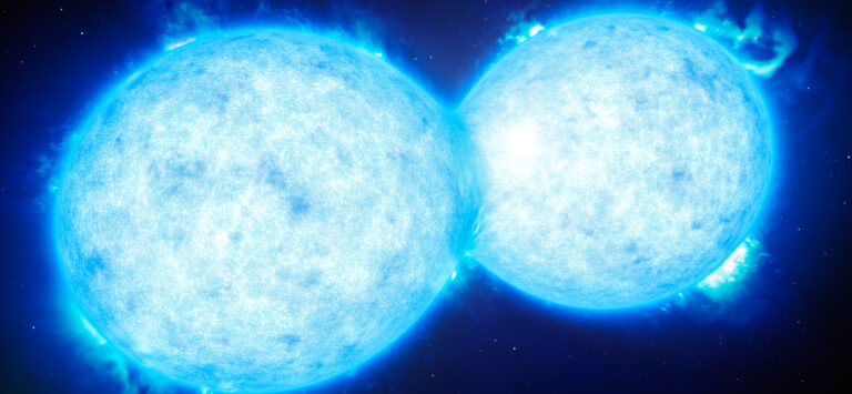 Fotorealistische Grafik zweier sehr blauer Sterne im All, mit körniger Oberfläche und Eruptionen am Rand. Die zwei Sterne berühren sich.