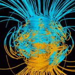 Viele verwobene blaue und gelbe Magnetfeldlinien, die im Kern zu einem runden Knäuel verdrillt sind.