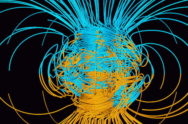 Viele verwobene blaue und gelbe Magnetfeldlinien, die im Kern zu einem runden Knäuel verdrillt sind.