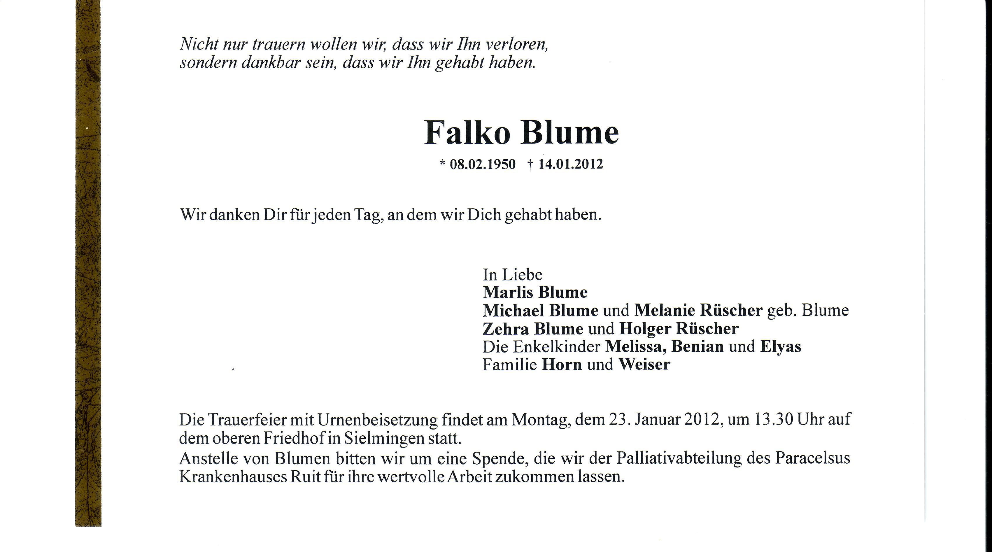Todesanzeige Falko Blume, 2012