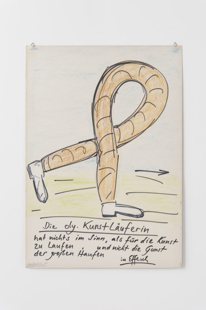 Fritz Schwegler: MORITAFEL „Die Kunstläuferin“ aus der Serie der Olympischen Effeschiaden (1972) Papier und Farbstift / 100 x 70 cm 