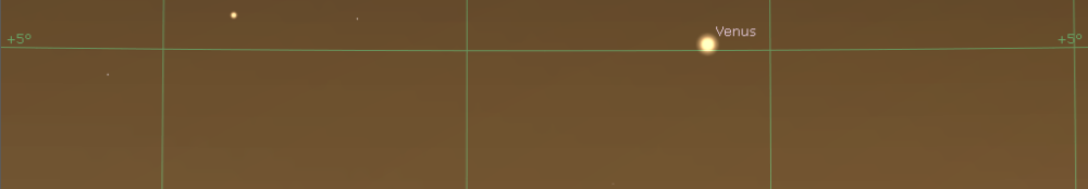 Antares, Venus und zunehmende Mondsichel am Abend des Samstag, 9. Oktober 2021, simuliert für Darmstadt um 19:26 MESZ, Quelle: Michael Khan, Darmstadt via Stellarium