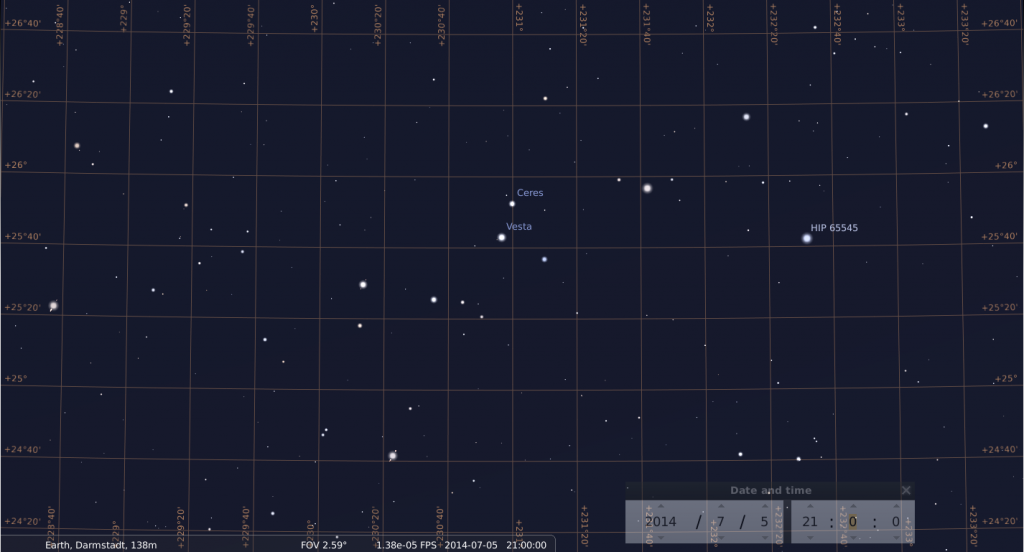 Ceres und Vesta am 5.7.2014, simuliert für den Beobachtungsstandort Darmstadt um 21:00 UTC (23:00 MESZ)