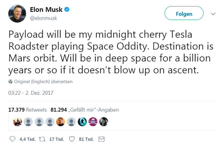 Tweet von Elon Musk vom 2.12.2017, in dem er ankündigt, sein Auto vom Typ "Tesla Roadster" als Nutzlast für den ersten Start der Flacon Heavy-Großrakete seiner Firma SpaceX zu nutzen.