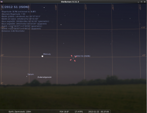 Komet C/2012 S1 (ISON) begegnet Merkur am frühen Morgen des 22. November 2013, hier simuliert für den Standort Darmstadt um 5:37 UTC (6:37) MEZ