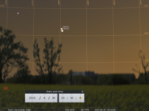 Der Jupiter und die Venus am 30. Juni 2015, simuliert für Darmstadt um 20:30 GMT (=22:30 MESZ)