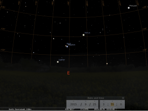 Jupiter, Mars, Regulus (Alpha Leo) und Venus am Morgen des 25.9.2015, simuliert für Darmstadt um 3:55 UTC (5:55 MESZ)