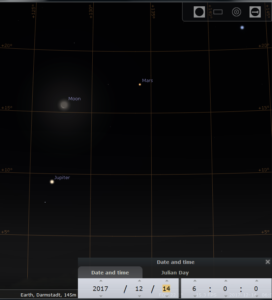 Jupiter. die schmale Sichel des abnehmenden Monds, Mars und Spica am Morgen des 14.12.2017, hier simuliert für Darmstadt um 6:00 MEZ