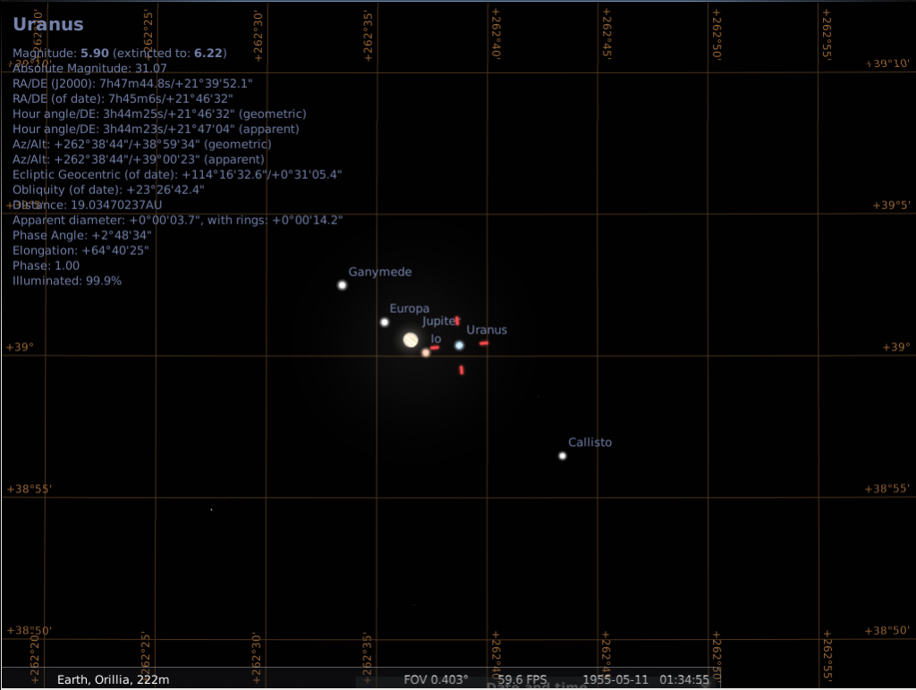 Sehr enge Konjunktion von Uranus und Jupiter am 11.5.1955, hier simuliert für Orillia, Kanada, um 1:35 GMT