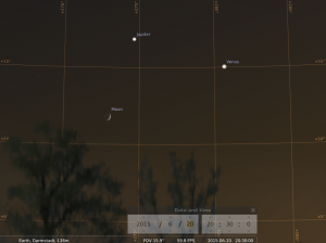Jupiter, Venus und zunehmender Mond am 20.6., simuliert für Darmstadt um 20:30 GMT (22:30 MESZ)