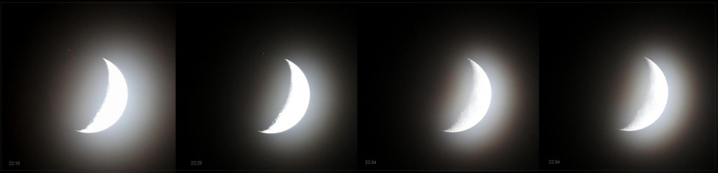 Okkultation von Lambda Gem durch den Mond am 4.5.2014, gesehen aus Nieder-Beerbach bei Darmstadt. Zwar handelt es sich nur um eine streifende Bedeckung, aber die beleuchtete Seite des Mondes überstrahlt den viel leuchtschwächeren Stern.