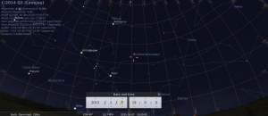 Komet C/2014 Q2 am frühen Abend des 7.1.2015, simuliert für Darmstadt um 19:00 GMT (=20:00 MEZ)