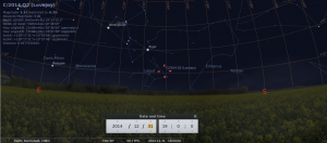 Komet C/2014 Q2 am frühen Abend des 31.12.2014, simuliert für Darmstadt um 19:00 GMT (=20:00 MEZ)