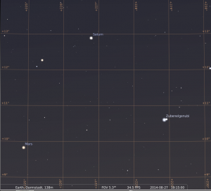 Saturn, Mars und der Stern Zubenelgenubi bilden ein enges Dreieck, simuliert für Darmstadt am 27.8.2014