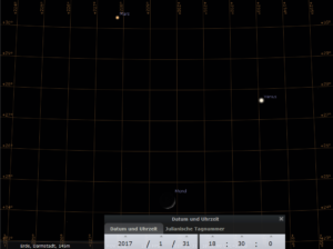 Mars, zunehmender Mond und Venus am 31.1.2017, hier simuliert für Darmstadt um 18:30 MEZ