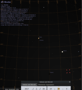 Mars, Uranus, zunehmender Mond. Venus und Komet 2P/Encke am Abend des 28.2.2017, hier simuliert für Darmstadt um 19:30 MEZ.