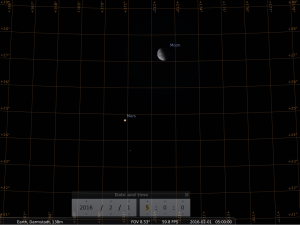Konjunktion zwischen Mars und Mond am Morgen des 1. Februar 2016, hier simuliert für Darmstadt um 5:00 GMT (6:00 MEZ)