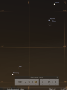 Konjunktion der abnehmenden Mondsichel mit Regulus, Venus, Merkur und Mars am Morgen des 18.9.2017, hier simuliert für Darmstadt um 4:15 UTC (6:15 MESZ)
