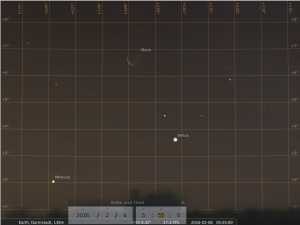 Konjunktion zwischen Merkur, Mond und Venus am frühen Morgen des 6. Februar 2016, hier simuliert für Darmstadt um 5:55 GMT (6:55 MEZ)