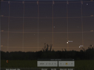 Merkur und Spica am Morgenhimmel über Darmstadt, simuliert für den 11.5.2014 um 5:21 GMT (6:21 MEZ)