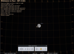 Bedeckung von Aldebaran durch den zunehmenden Mond am 23.12.2015, simuliert für Darmstadt um 18:12 GMT (=19:12 MEZ, Beginn der Bedeckung). Der Austritt erfolgt etwas mehr als eine Stunde später.