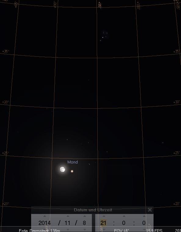 Der Mond in den Hyaden nahe Aldebaran, simuliert für Darmstadt am 8.11.2014 um 21:00 MEZ