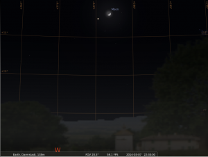 Nahe Begegnung zwischen Mond und Aldebaran am 7.3.2014, simuliert für Darmstadt um 22:30 UTC (23:30 MEZ)