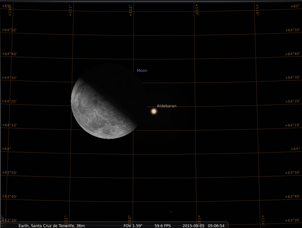 Bedeckung von Aldebaran durch den Mond am 5.9.2015, hier simuliert für Santa Cruz de Tenerife nach Austritt von Aldebaran kurz nach 5 Uhr UTC (=6 Uhr lokale Sommerzeit)