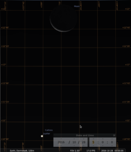 Konjunktion von Jupiter und abnehmendem Mond am Morgen des 28.10.2016, hier simuliert für Darmstadt um 5:00 UTC (=7:00 MESZ)