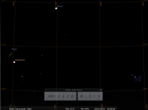 Der zunehmende Mond sehr nahe bei Aldebaran und naher bei der Venus am 21.4.2015,. hier simuliert für Darmstadt um 20:00 GMT (22:00 MESZ)