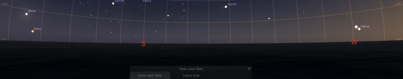 Der verfinsterte Mond, der sehr helle Mars (weniger Tage vor Opposition), Saturn, Jupiter, Venus und möglicherweise auch die ISS gleichzeitig am Abendhimmel des 27.7.2018, hier simuliert für Darmstadt um 22:21 MESZ