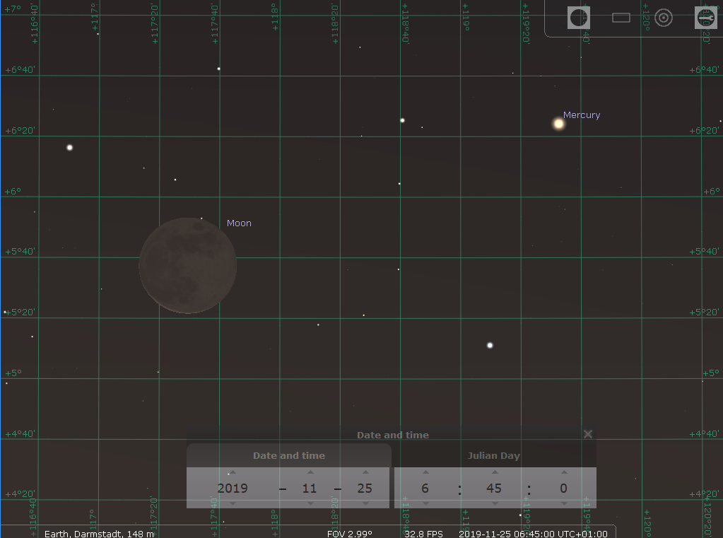 Konjunktion des abnehmenden Mondes mit Merkur am Morgen des 25.11.2019, hier simuliert für Darmstadt um 6:45 MEZ