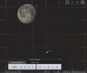 Der Mond im dritten Viertel begegnet Saturn im Winkelabstand von 1 Grad, hier simuliert für Darmstadt am 1.6.2018 um 5:00 MESZ