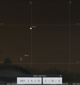 Venus und der Mond am frühen Morgen des 21.6.2017, hier simuliert für Darmstadt um 02:15 UTC (04:15 MESZ)