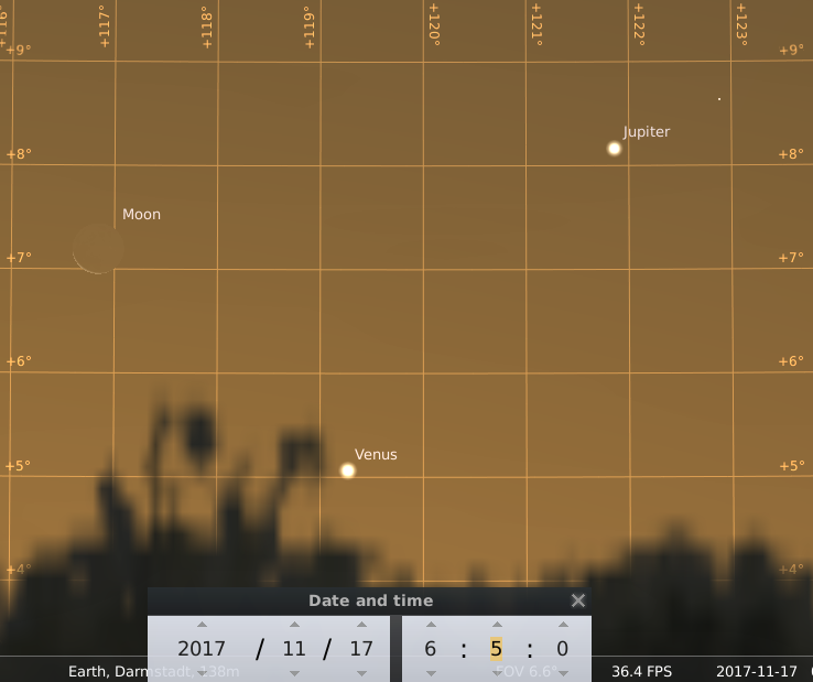 Dreieckskonjunktion mit der abnehmenden Mondsichel, Venus und Jupiter am Morgen des 17.11.2017, hier simuliert für Darmstadt um 06:05 UTC (07:05 MEZ)