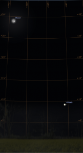 Enge Begegnung zwischen Venus und Mars im Winkelabstand von etwa einem halben Grad am 22.2.2015, simuliert für Darmstadt um 18:30 GMT (19:30 MEZ)