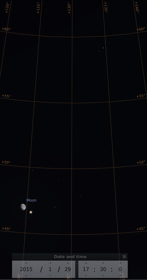 Der zunehmende Mond in den Hyaden, Aldebaran und M45 am frühen Abend des 29.1.2015, simuliert für Darmstadt um 17:30 UTC (18:30 MEZ)