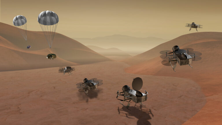 Computergenerierte Grafik der Missionsphasen von Dragonfly auf dem Titan, Quelle: NASA, JHU/APL