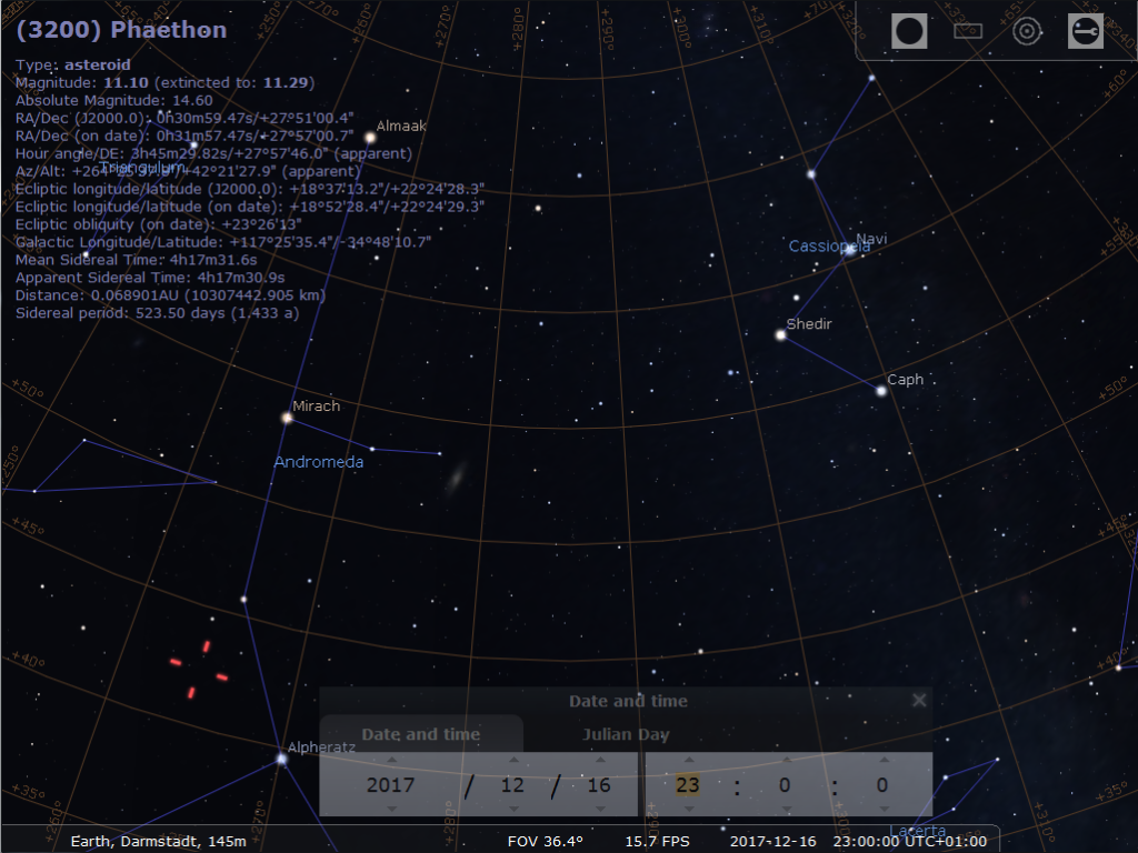 Der Kleinplanet 3200/Phaethon am Abendhimmel des 16.12.2017, hier simuliert für Darmstadt um 23:00 MEZ