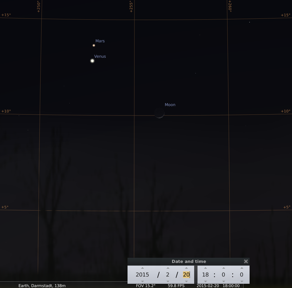 Konjunktion von Mars und Venus am 20.2.2015 mit dem zunehmenden Mond, simuliert für den Standort Darmstadt um 18:00 GMT (19:00 MEZ)