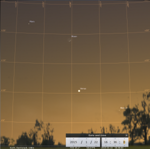 Planetenparade mit Mond am 22.1.2015, simuliert für den Standort Darmstadt um 16:36 GMT (17:36 MEZ)