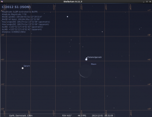Die abnehmende Mondsichel kurz nach einer Okkultation des Merfachsterns Zubenelgenubi (Alpha Librae) und nur 2.5 Grad vom Saturn am 1.12.2013, hier simuliert für den Standort Darmstadt um 05:31 UTC (6:31 MEZ)