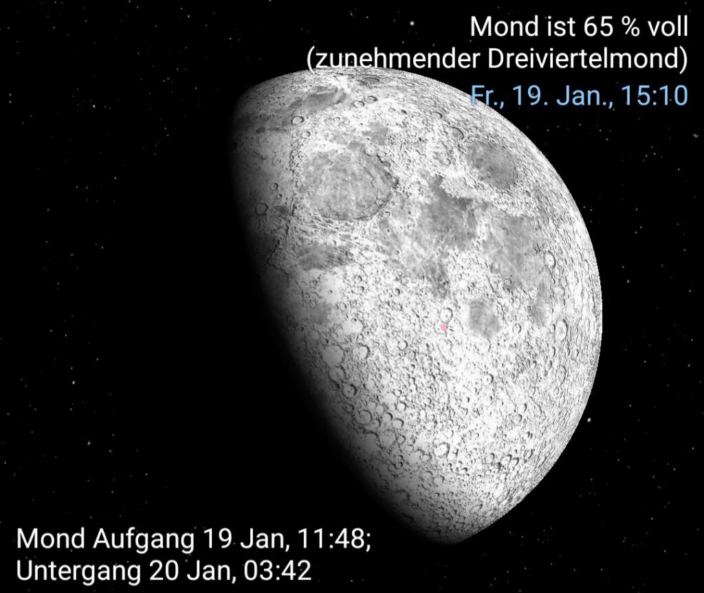 Beleuchtungsverhältnisse auf dem Mond, am Landetag (19.1.2024). Die Lokation des Kraters Shioli im Krater Cyrillus ist pink markiert: Quelle: Michael Khan via Lunarscope App