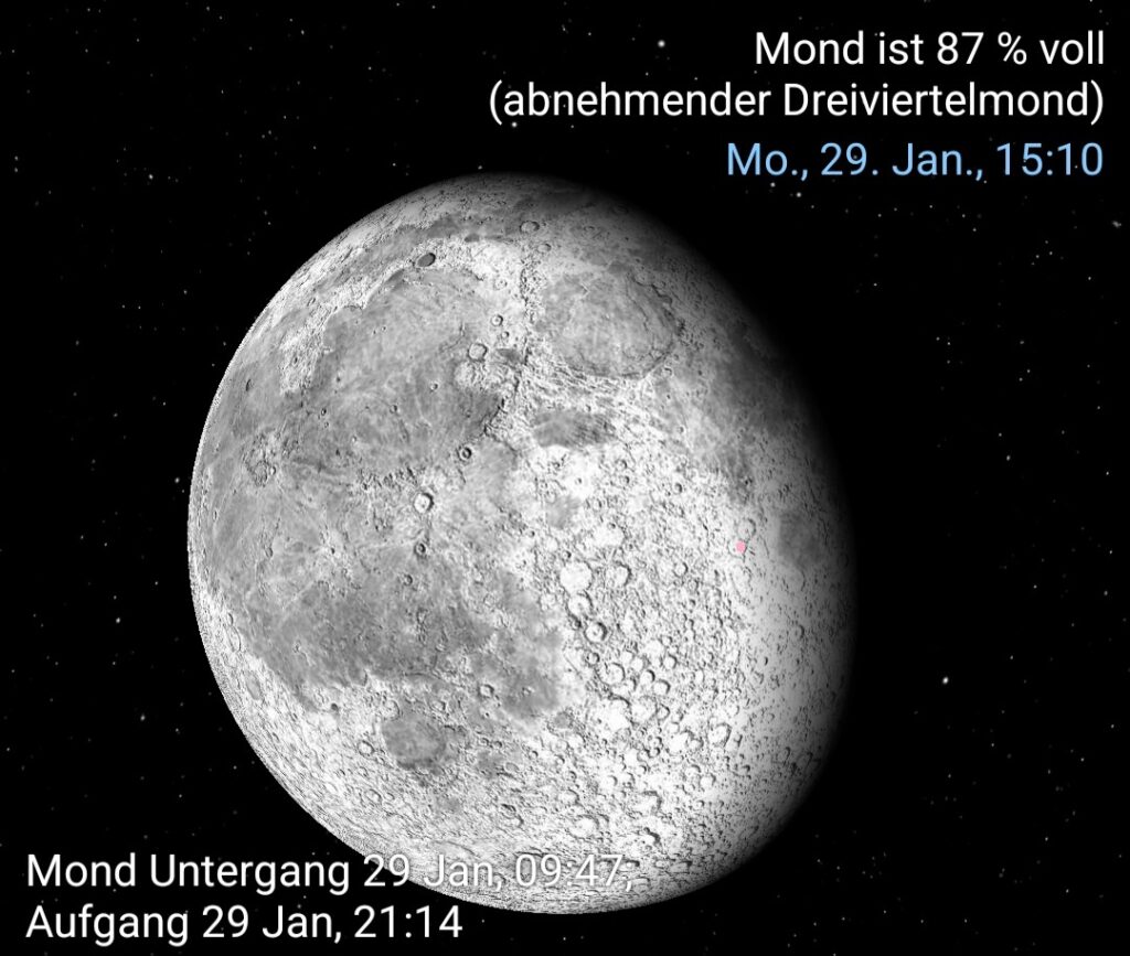 Beleuchtungsverhältnisse auf dem Mond, am Tag vor Sonnenuntergang (29.1.2024). Die Lokation des Kraters Shioli im Krater Cyrillus ist pink markiert: Quelle: Michael Khan via Lunarscope App