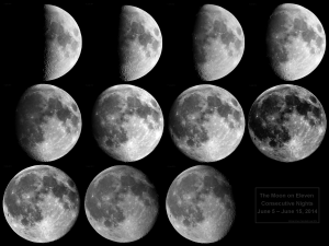 Der Mond über Darmstadt an den Abenden des 5. bis 15 Juni 2014. Teleskop: TSED503, 330 mm/50 mm ED Doublet Refraktor. Kamera: Canon EOS 600D
