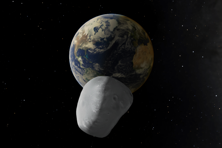 CGI-Simulation von 99942 Apophis bei größter Annäherung am 13.4.2029, Quelle: N. Baresi, Surrey Space Centre
