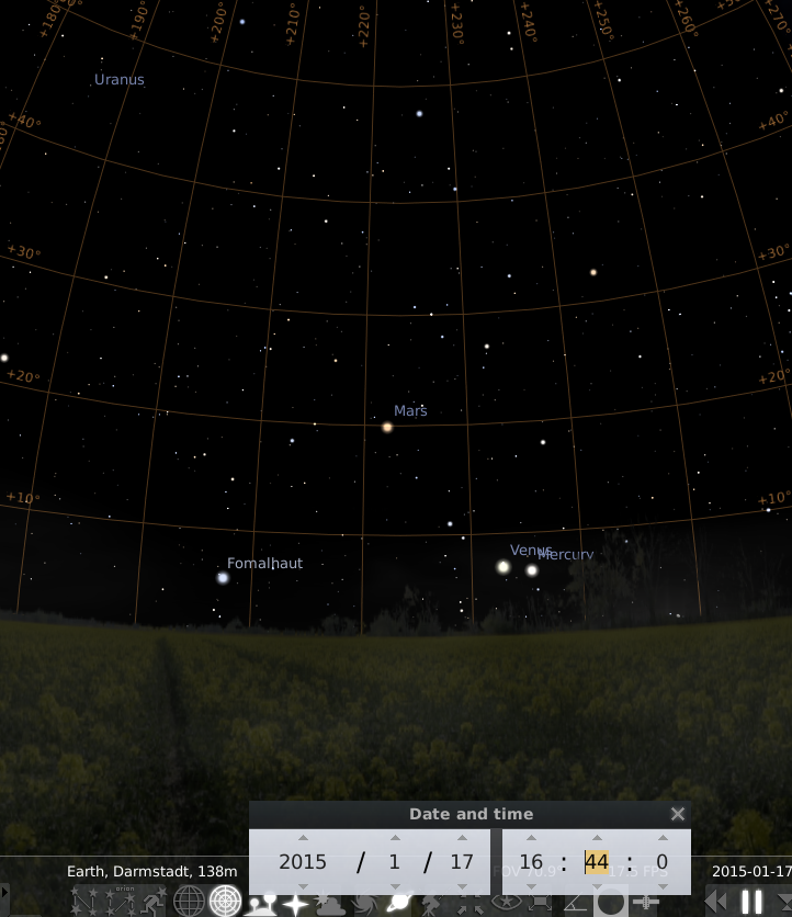 Simulation des Abendhimmels über Darmstadt am 17.1.2015, 16:44 GMT (17:44 MEZ), unter Vernachlässigung der atmosphärischen Effekte