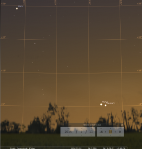 Enge Konjunktion zwischen Merkur und Venus am 11.1.2015, simuliert für Darmstadt um 16:38 GMT (=17:38 MEZ)